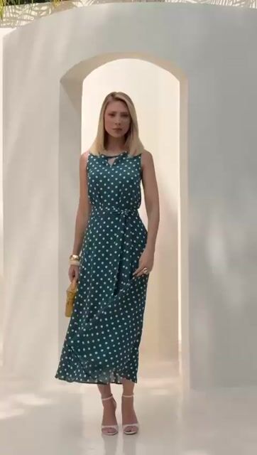Video de Vestido Midi Poa Recote Na Frente Cinto Com Faixa - 295097