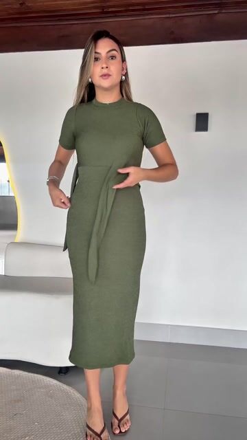 Video de VESTIDO MIDI AMARRAÇÃO MALHA SHINE COM ELASTANO VERDE OLIVA LANA