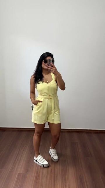 Vídeo de Macaquinho Alfaiataria Sensorial Alça Elástico Faixa Cinto Drica Amarelo