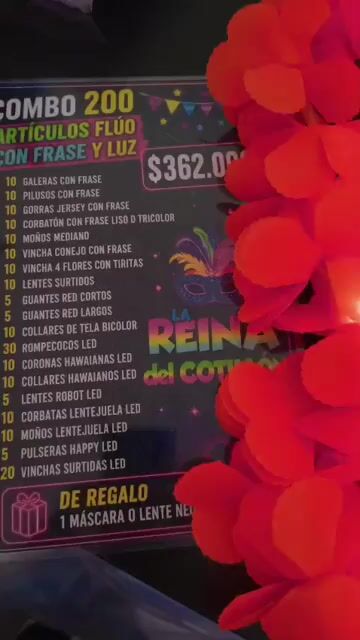 Video de Combo 200 articulos fluo con frase y luz