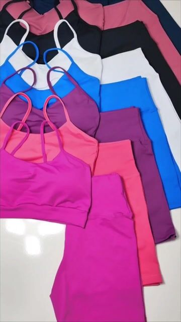 Vídeo de Conjunto fitness térmico shorts + top com bojo fixo proteção uv 50 poliamida reforçado