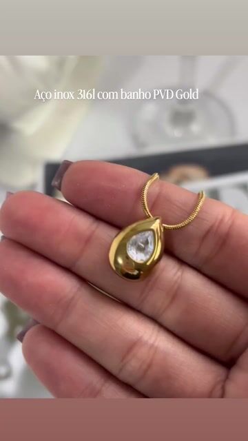 Video de Colar Rabo de Rato com pingente Gota com pedra de zircônia Gold/Prata em aço inox 40 cm
