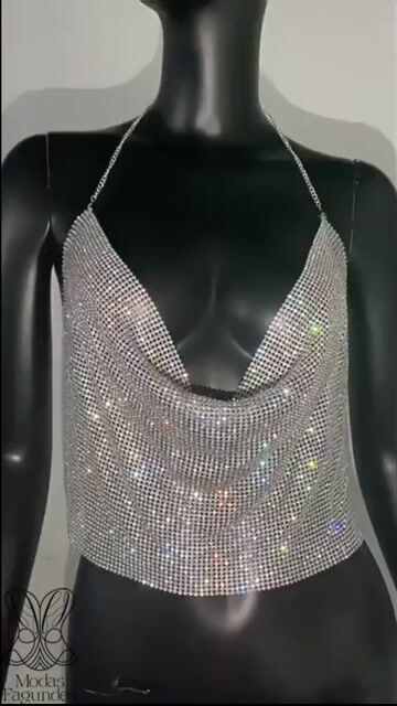 Video de Cropped Top Blusa Luxo Frente Única Metal Brilhoso Alça Fina