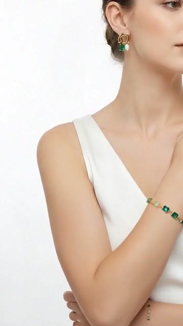 Video de Kit Conjunto Brinco E Pulseira Verde Esmeralda Folheado Ouro