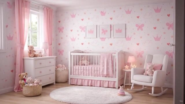 Vídeo de Papel de Parede Adesivo Autocolante Infantil Rosa Borboletas, Corações e Coroas