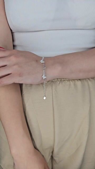 Video de Pulsera Plata 925 Doble Cadena Mariposas Con Piedras C1992 Plateado 5.4 Cm 17 Cm