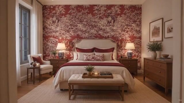 Vídeo de Papel Parede Adesivo Autocolante Índia Toile de Jouy Bordô