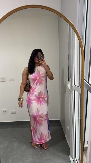 Vídeo de Vestido Midi Tule Forro Regata Gola Alta Fendas Estampado Ângela Rosa/ Laranja