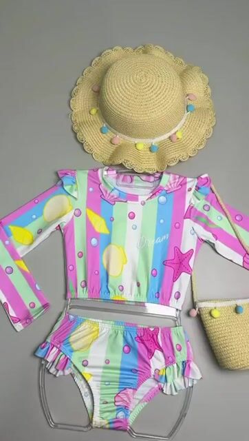 Vídeo de Biquíni Infantil Manga Longa com Babado Estampa Conchas Verão Blogueirinha