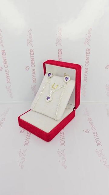 Video de Conjunto Plata 925 Corazon Violeta Aros Dije Cadena C1922 Violeta Oscuro