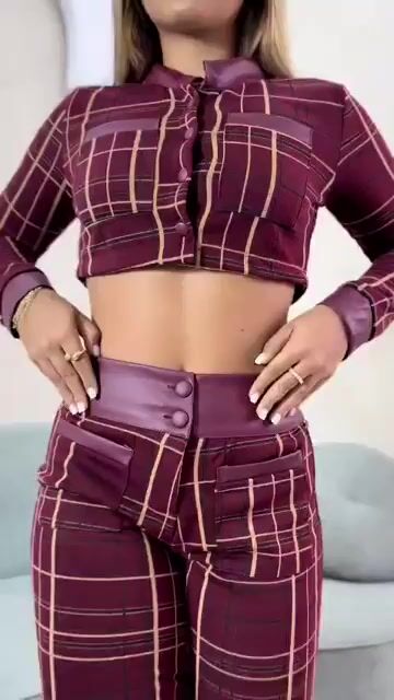 Vídeo de Conjunto Feminino Xadrez Cropped Manga Longa Calça Pantalona Cintura Alta Elegante