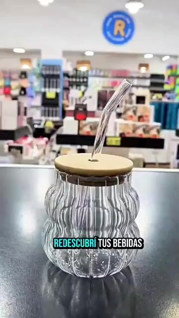 Video de Vaso Vidrio 300ml Con Tapa Bambu Y Sorbete De Vidrio
