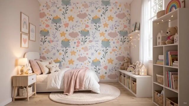 Vídeo de Papel de Parede Adesivo Autocolante Infantil Floral Estrelas e Nuvens Tom Pastel