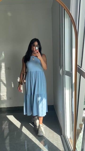 Vídeo de Vestido Mídi Longuete Longo Viscolycra Regata Nívea Azul Claro