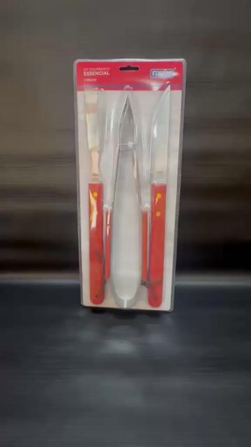 Vídeo de Kit Churrasco Essencial Jogo Faca Garfo Pegador 3 Pçs Inox