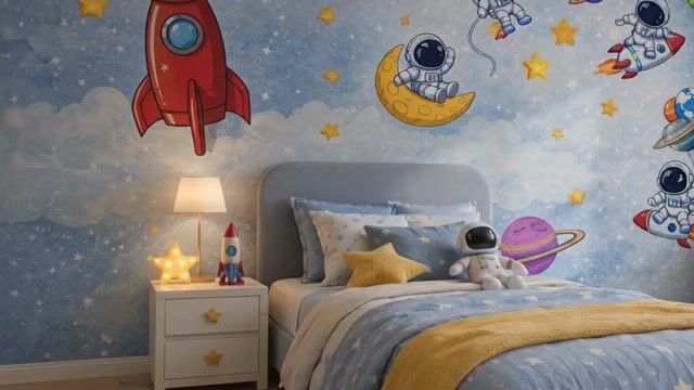 Vídeo de Papel de Parede Adesivo Autocolante Astronautas Foguetes e Planetas