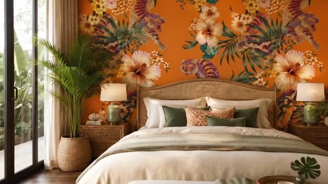 Vídeo de Papel de Parede Adesivo Autocolante Tigres Floral Tropical Fundo Laranja