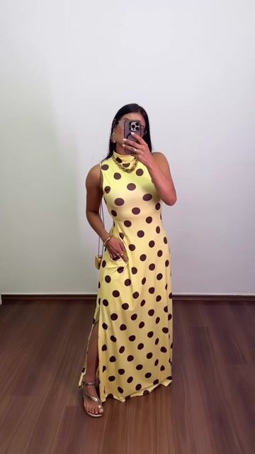 Vídeo de Vestido Longo Estampado Poliamida Premium Regata Fenda Lateral Gola Forrado Betty